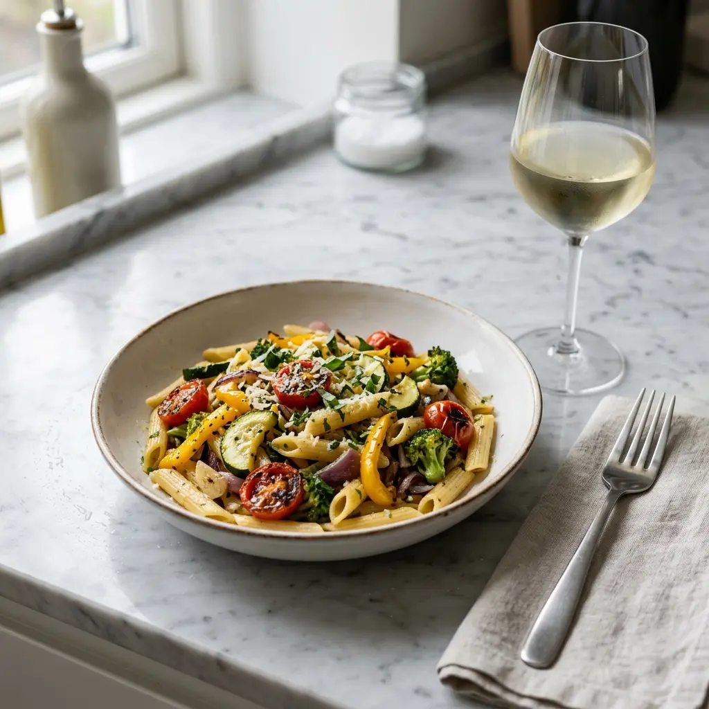 En farverig tallerken med lækker pasta med grøntsager serveret som et sundt og velsmagende måltid