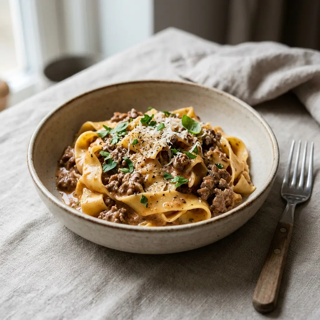 En lækker portion cremet pasta med hakket oksekød og fløde serveret i en dyb tallerken