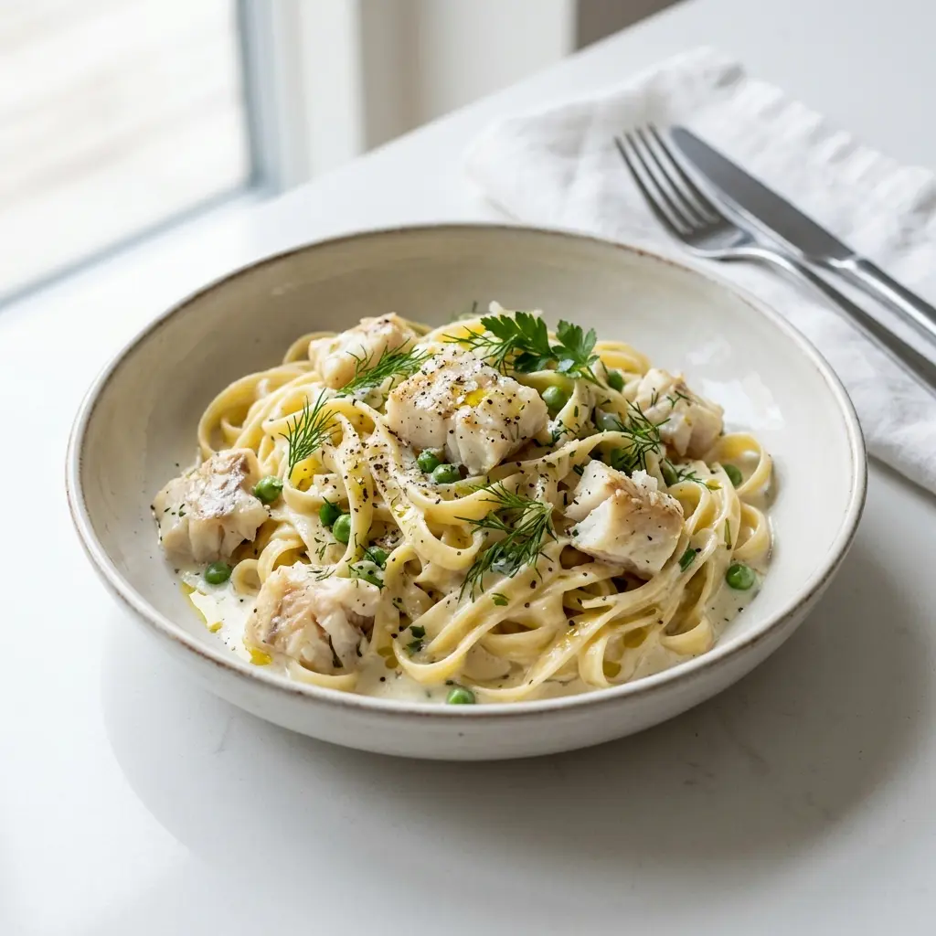 En lækker tallerken med pasta med hvid fisk og fløde toppet med friske krydderurter