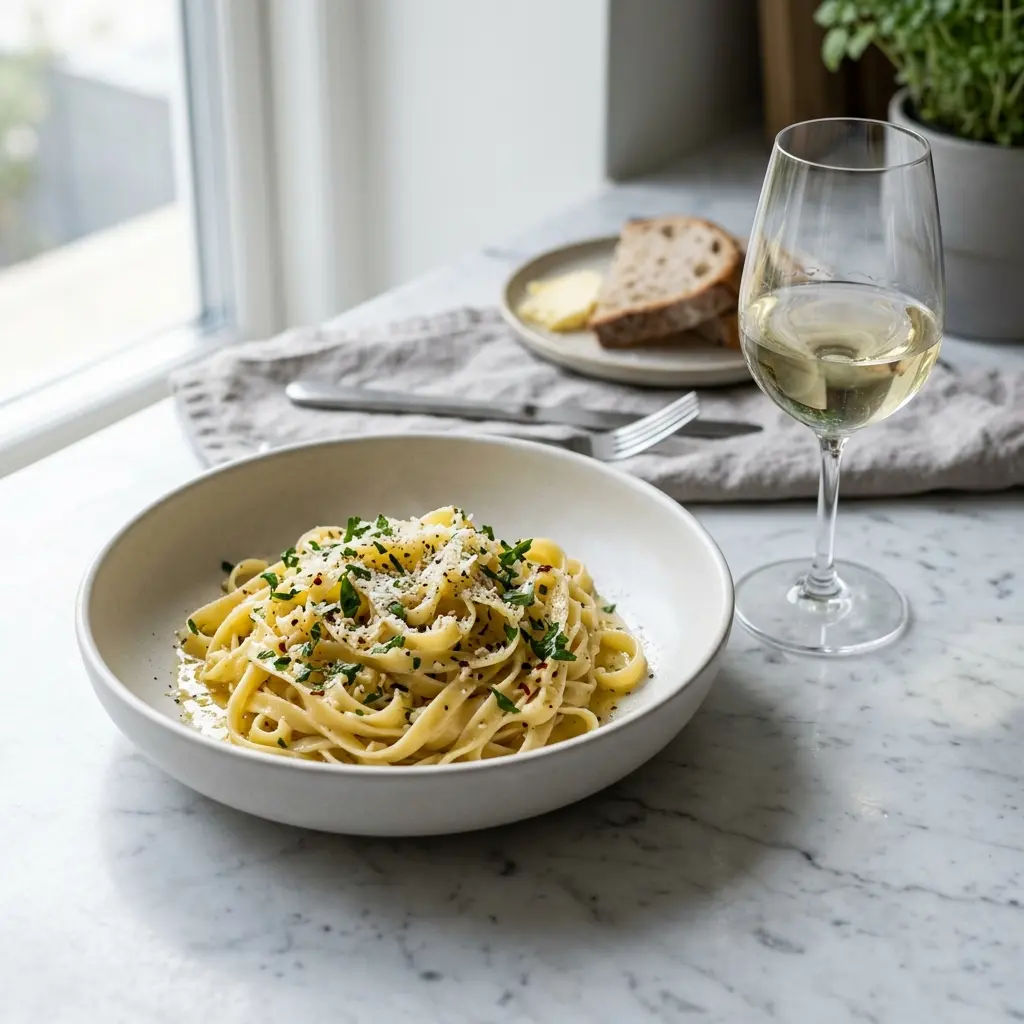 En lækker tallerken med frisk pasta med hvidløgssmør toppet med friske krydderurter og revet parmesanost