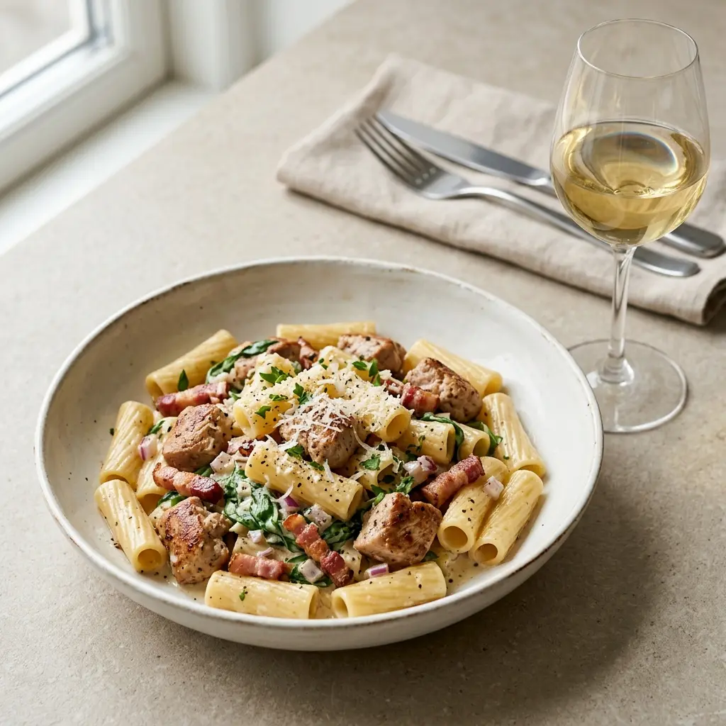 En lækker tallerken med cremet pasta med kalkun og bacon pyntet med friske krydderurter