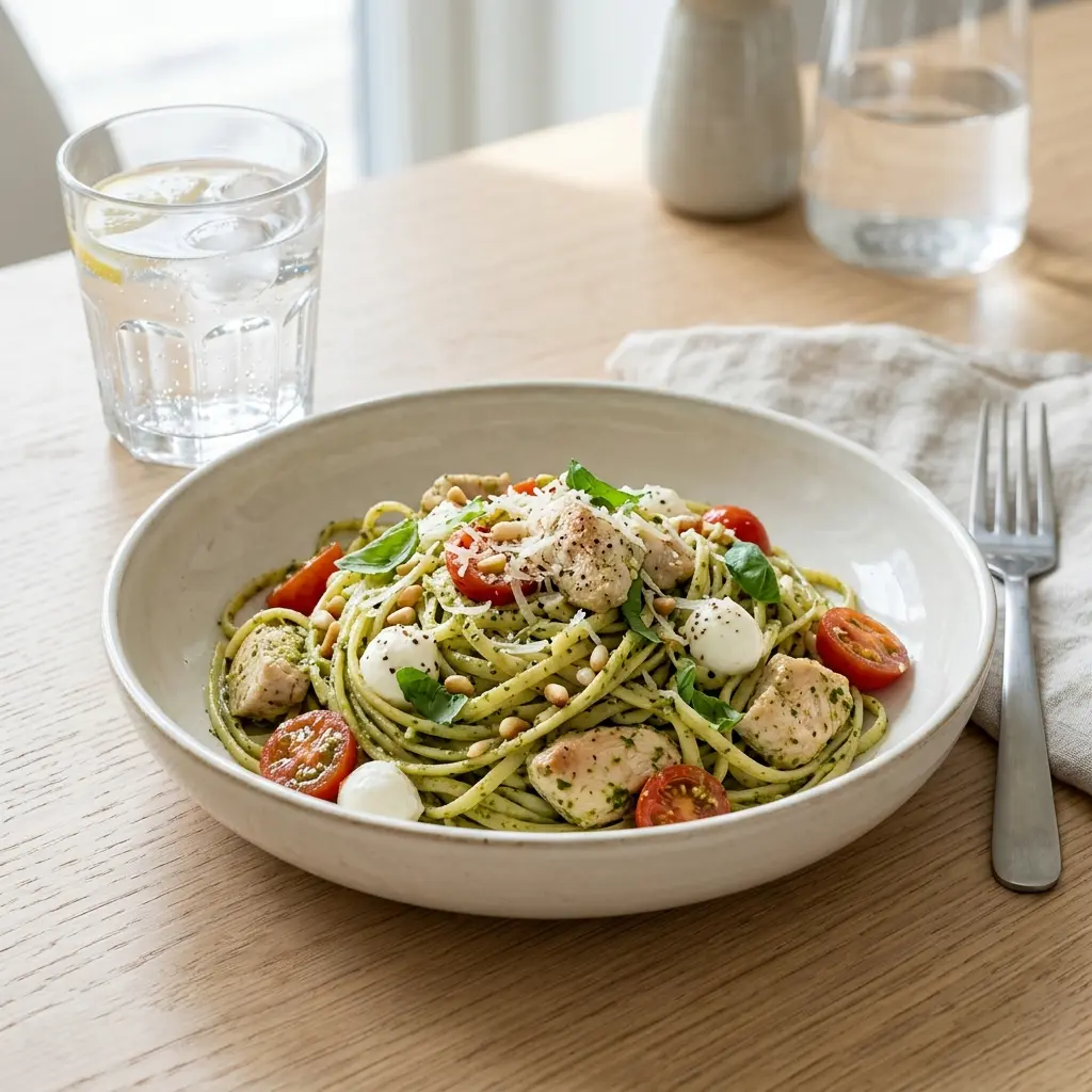 En lækker tallerken med pasta med kalkun og pesto toppet med friske krydderurter og parmesan