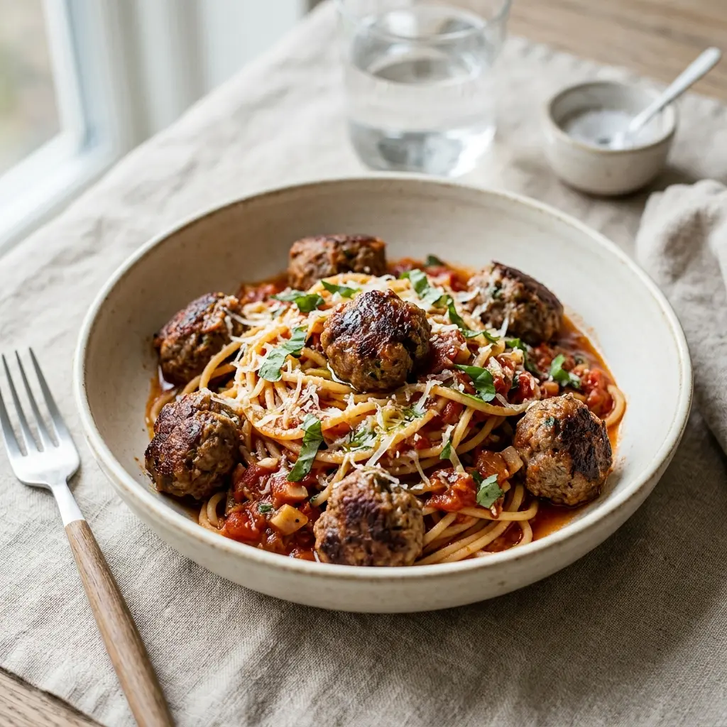 En lækker portion hjemmelavet pasta med kødboller serveret i en dyb tallerken med frisk tomatsauce