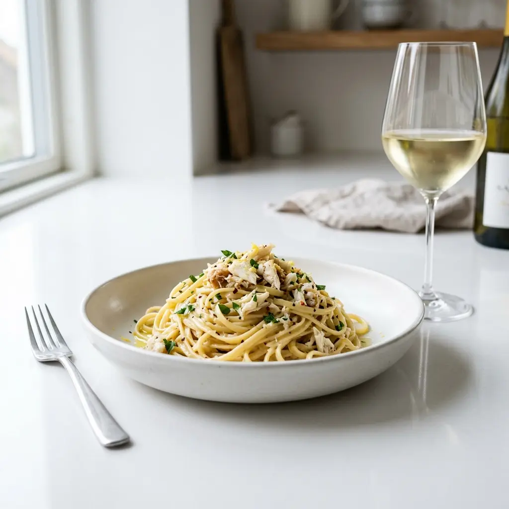En lækker tallerken med pasta med krabbe pyntet med friske krydderurter og et drys citron
