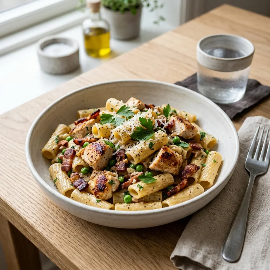 En lækker portion hjemmelavet pasta med kylling og bacon serveret i en dyb tallerken