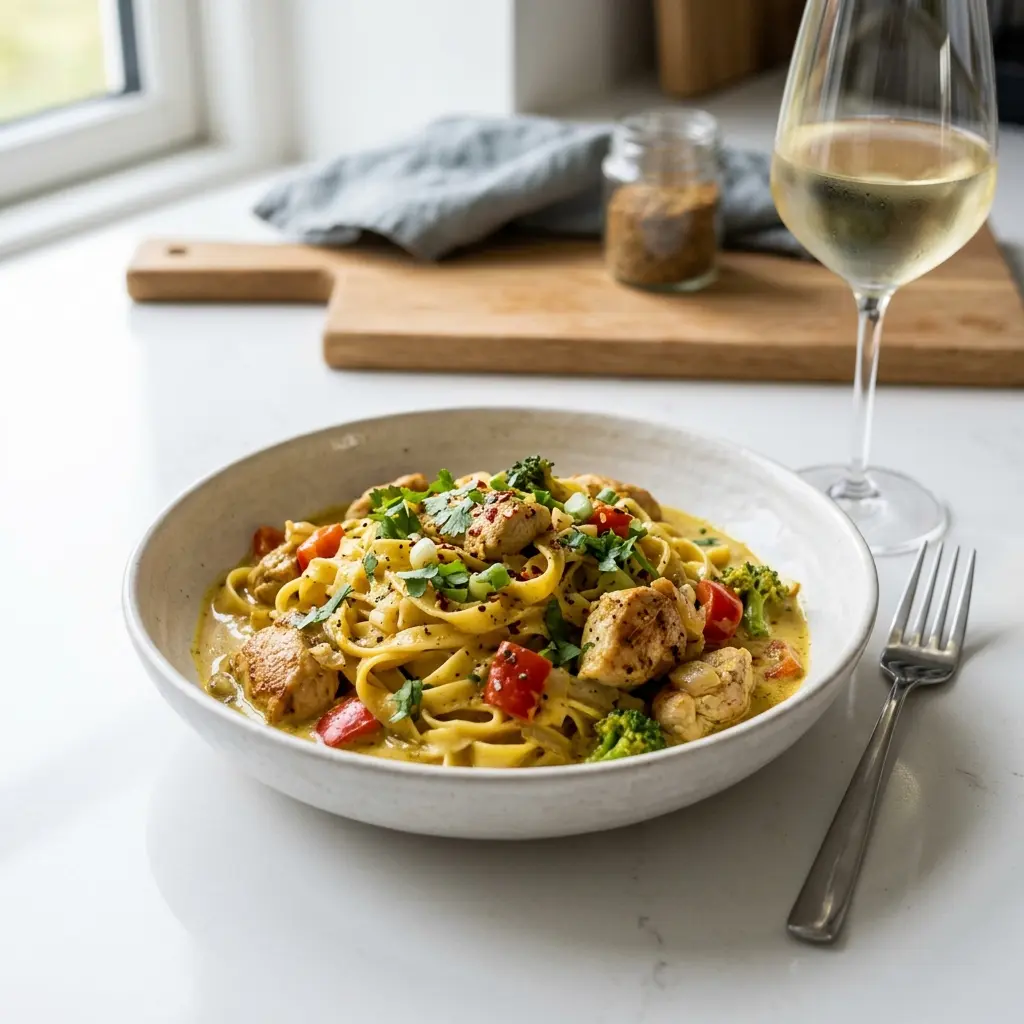 En lækker portion pasta med kylling og karry serveret i en dyb tallerken til aftensmad
