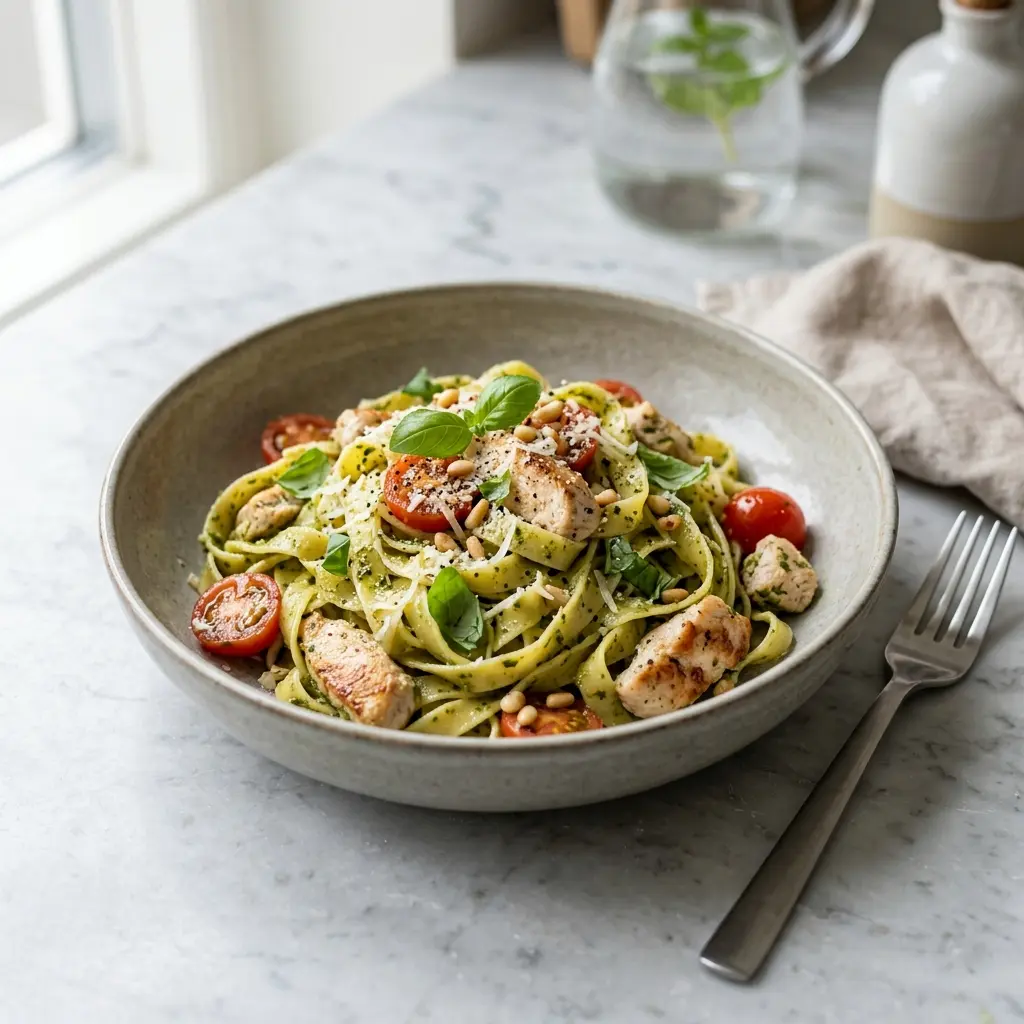 En lækker tallerken med cremet pasta med kylling og pesto toppet med friskrevet parmesanost
