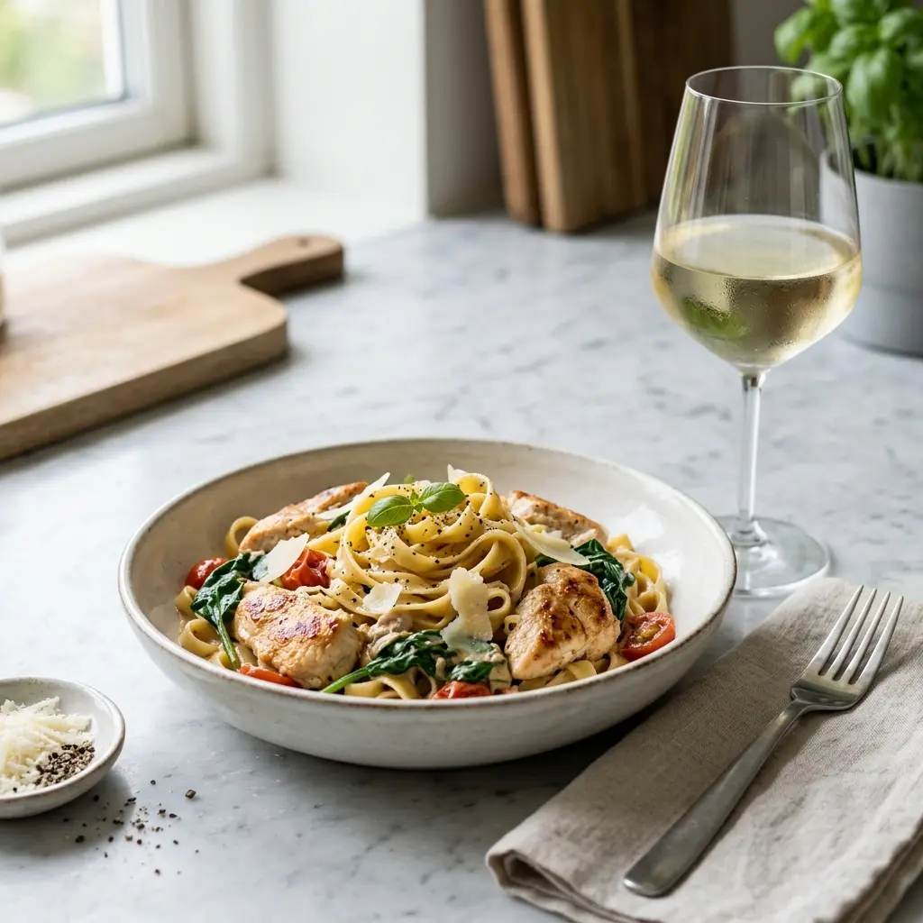 En lækker portion pasta med kylling og spinat serveret i en dyb tallerken til aftensmad