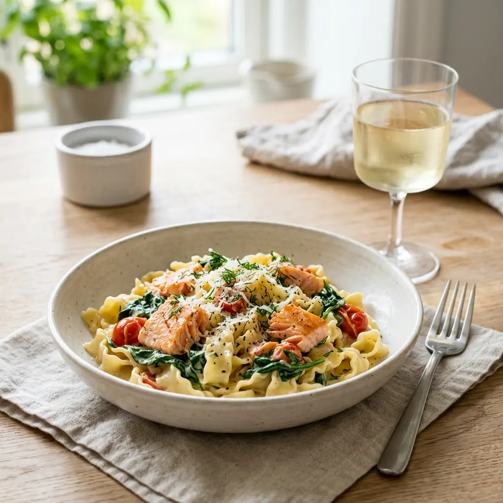 En lækker tallerken med cremet pasta med laks og spinat toppet med frisk dild og citron