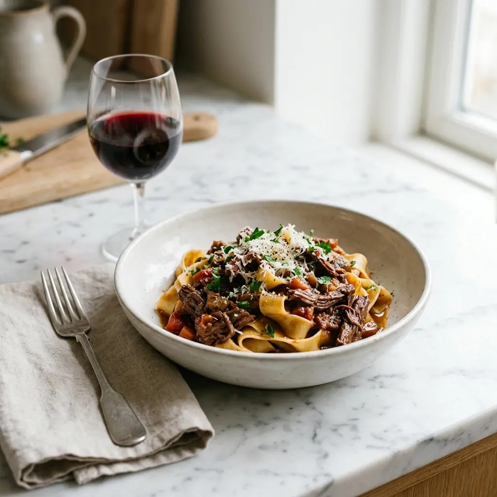 En lækker tallerken med pasta med langtidssimret oksekød toppet med friske krydderurter og revet parmesanost