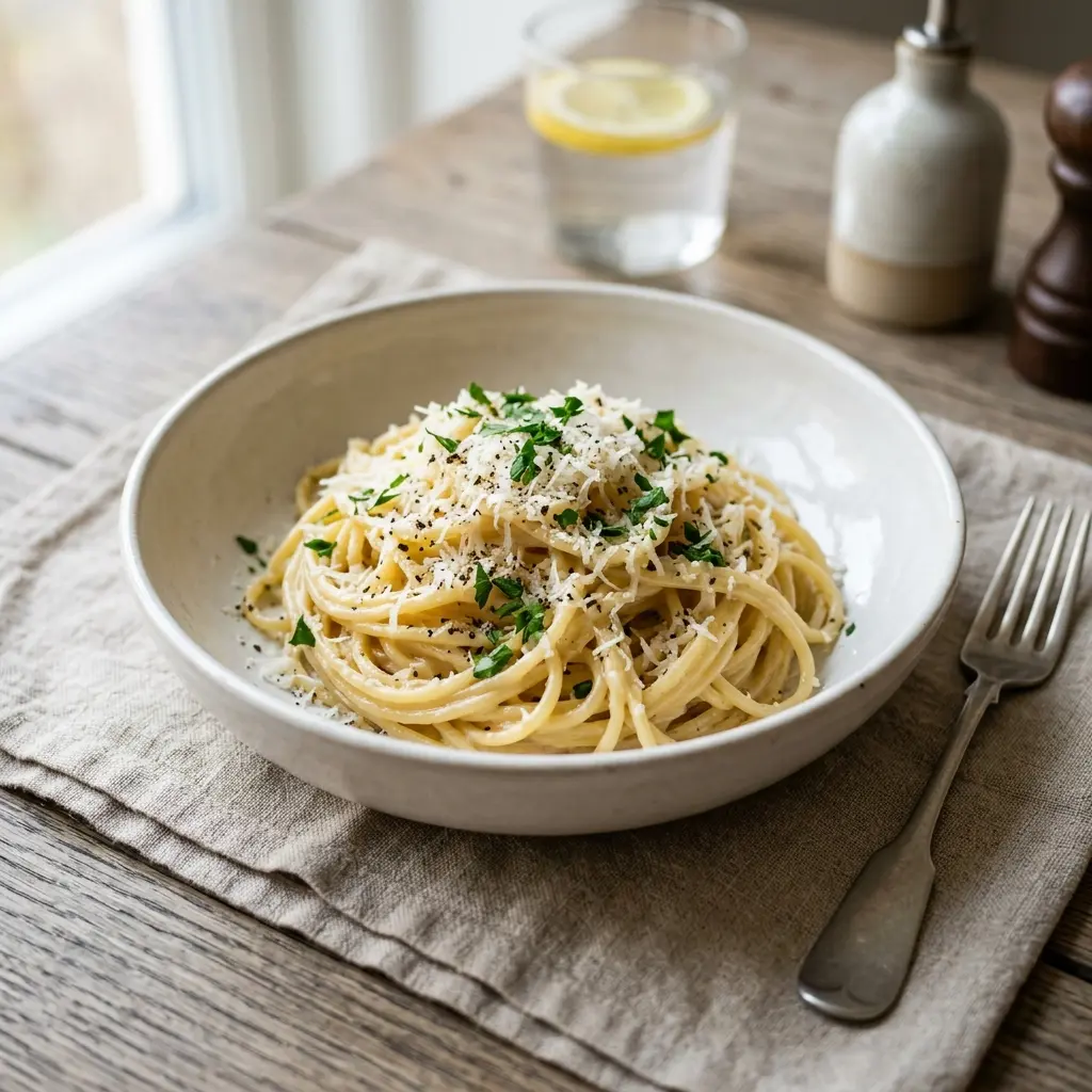 En lækker tallerken med friskkogt pasta med parmesan serveret som en klassisk og velsmagende middagsret