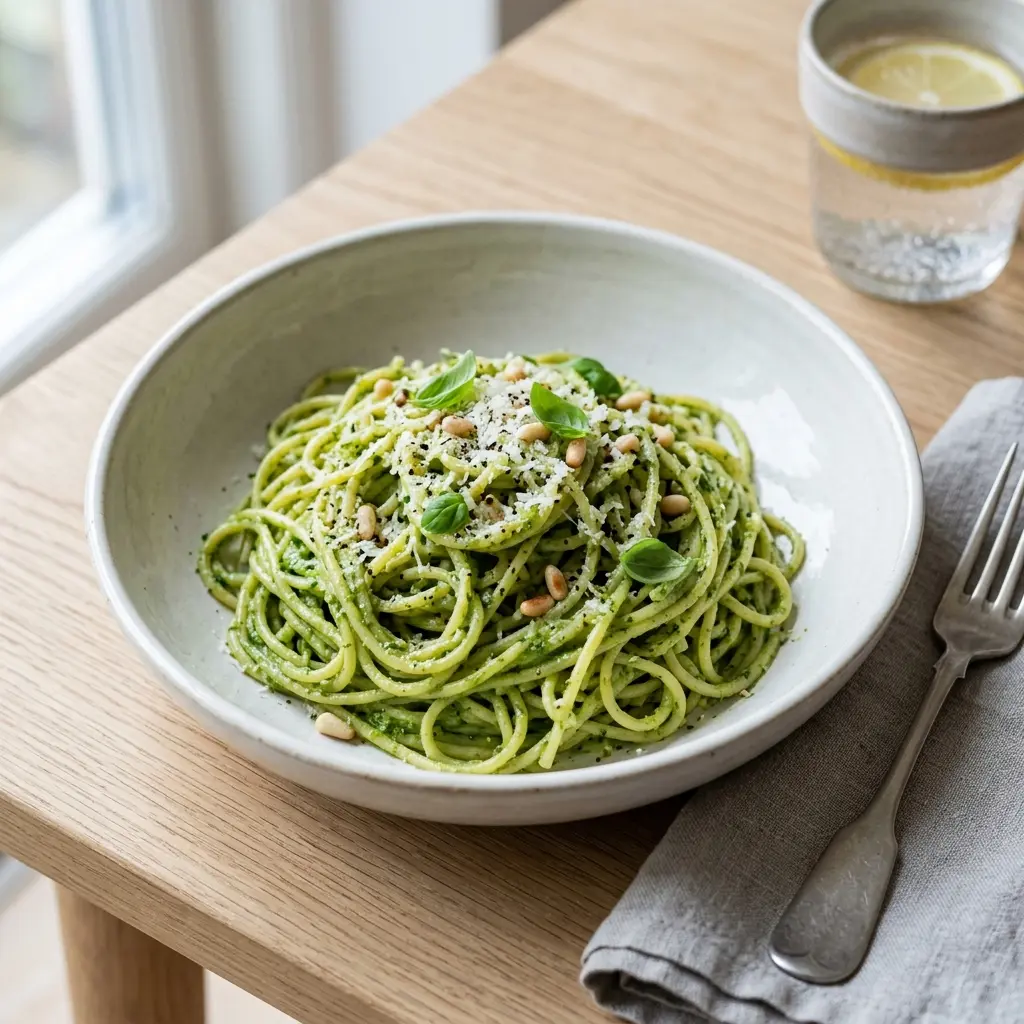 En lækker tallerken med frisklavet pasta med pesto serveret med et drys af frisk parmesan