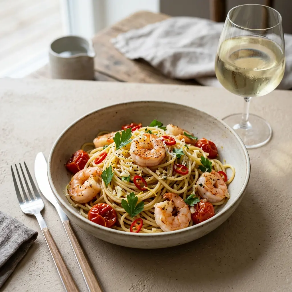 En lækker tallerken med pasta med rejer og chili serveret som en hurtig og velsmagende middag