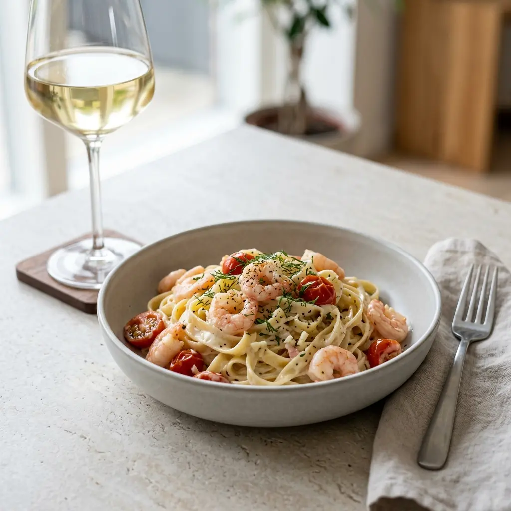 En lækker portion pasta med rejer og flødesovs serveret på en dyb tallerken med krydderurter