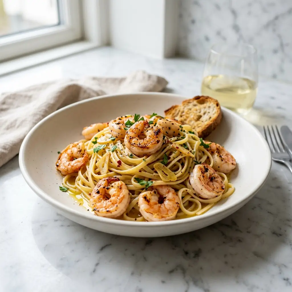 En lækker tallerken med pasta med rejer og hvidløg toppet med friske krydderurter og olivenolie