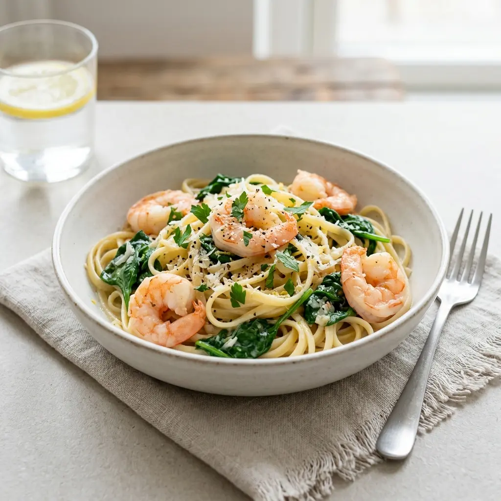En lækker tallerken med cremet pasta med rejer og spinat serveret som en nem hverdagsret