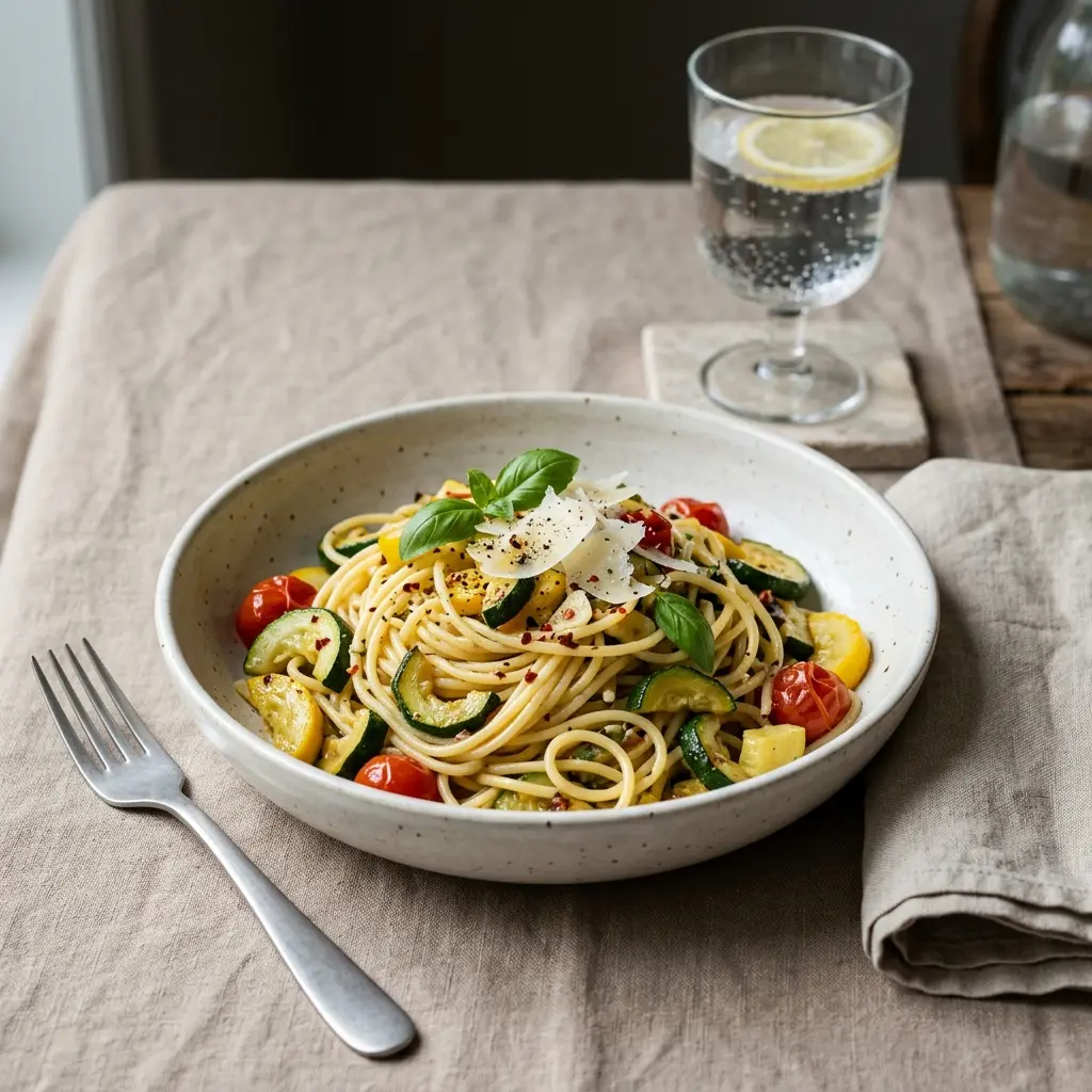 En lækker tallerken med hjemmelavet pasta med squash serveret med friske krydderurter og revet ost