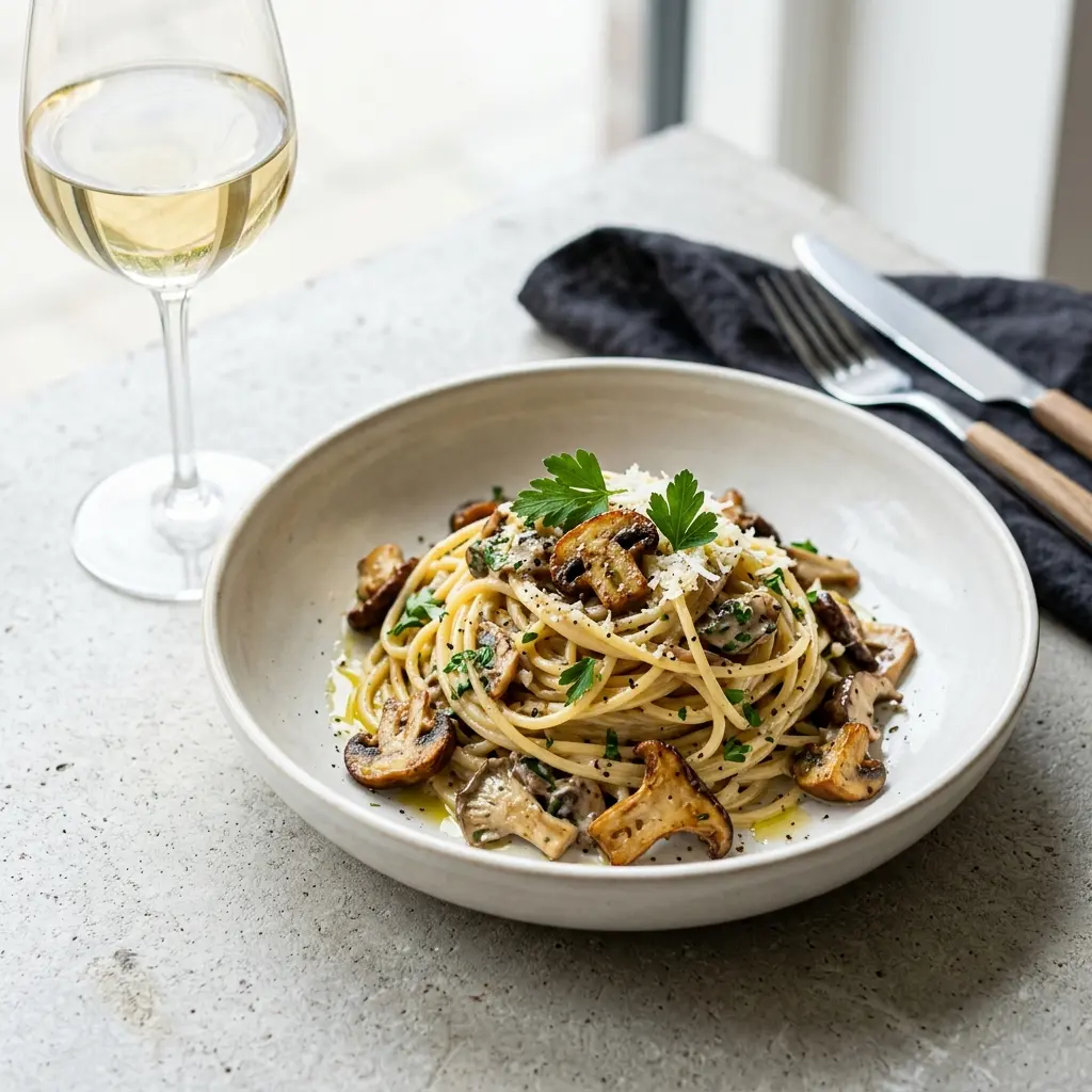 En lækker tallerken med cremet pasta med svampe toppet med frisk persille og revet ost