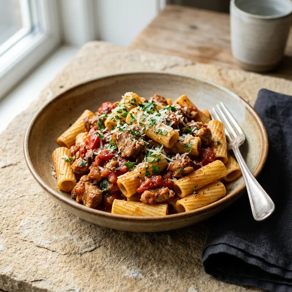 En lækker tallerken med hjemmelavet pasta med svinekød og tomat serveret med friske krydderurter på toppen
