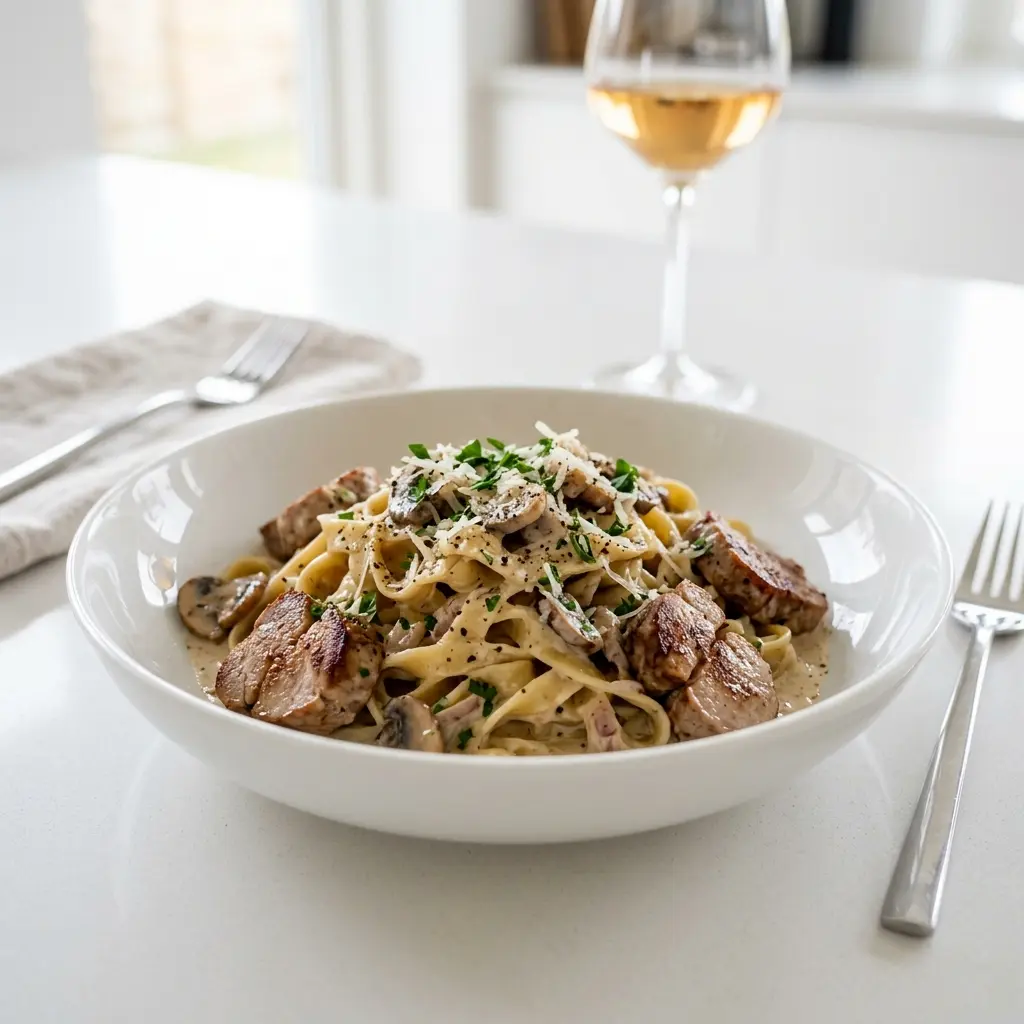 En lækker tallerken med cremet pasta med svinemørbrad toppet med friske krydderurter og parmesanost