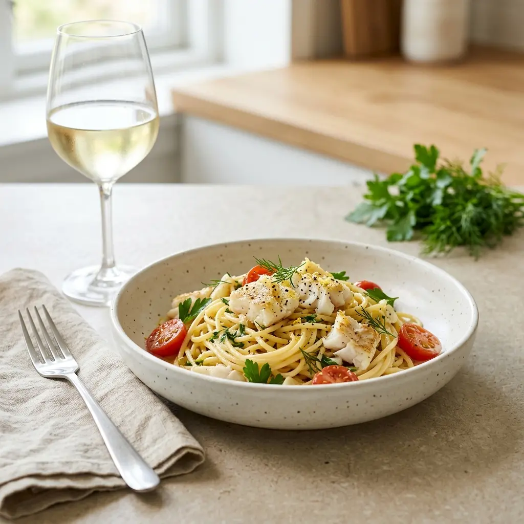 En lækker tallerken med pasta med torsk serveret med friske krydderurter og en let sauce