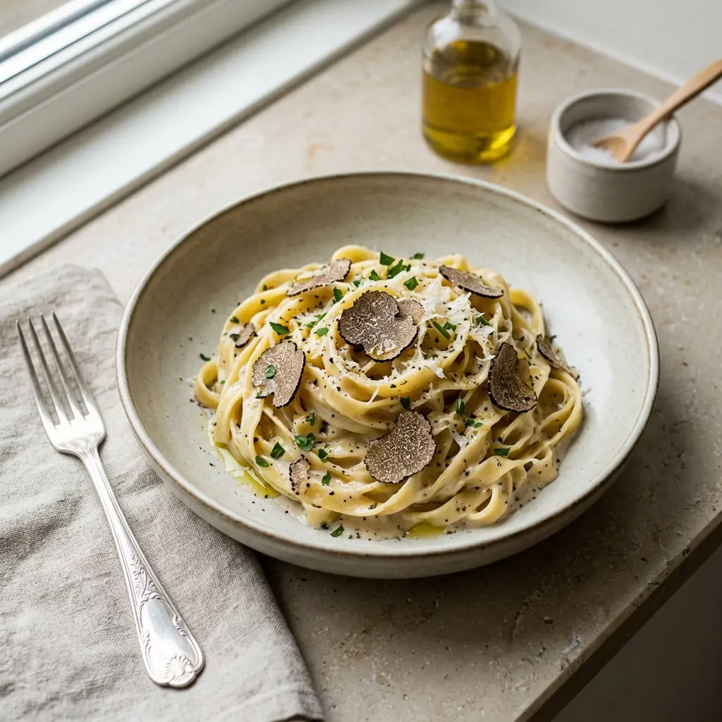 En lækker tallerken med cremet pasta med trøffel serveret med friskrevet parmesan og krydderurter
