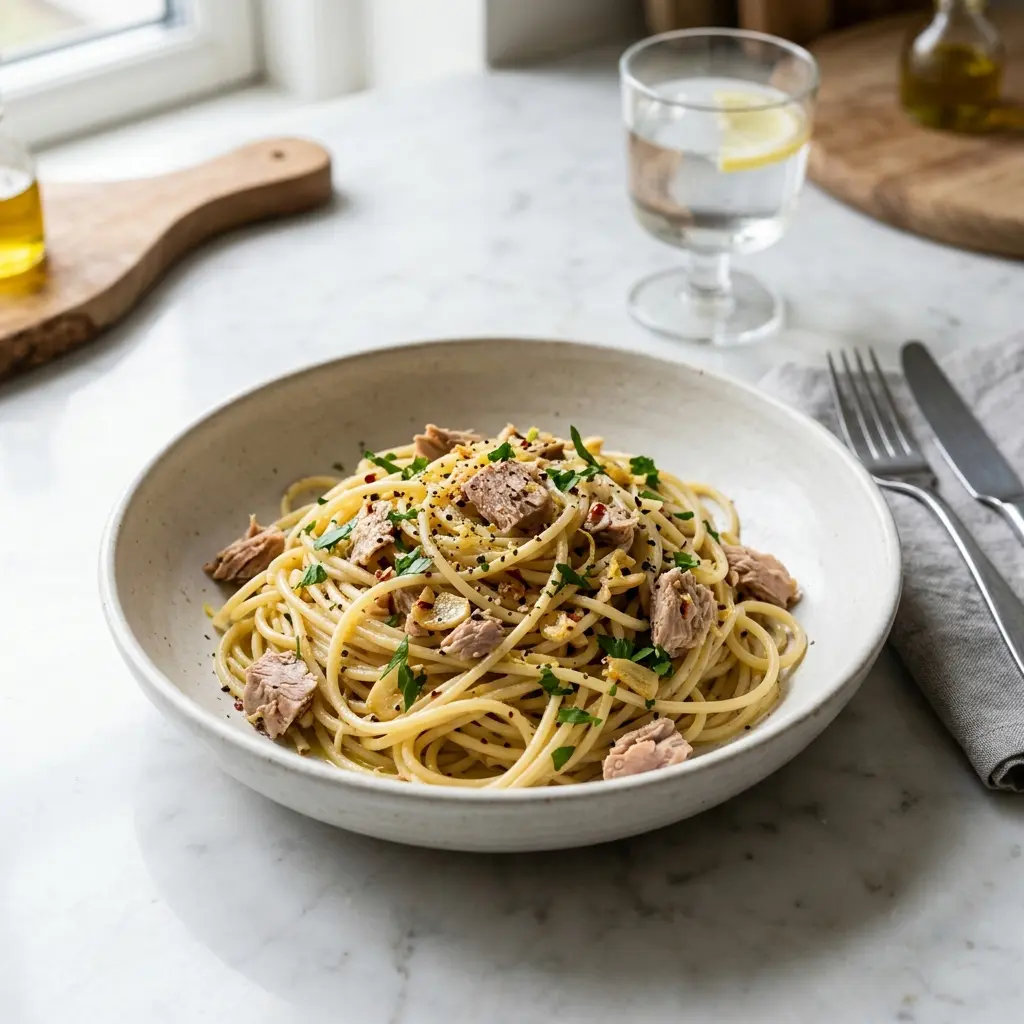 En lækker tallerken med velsmagende pasta med tun og hvidløg serveret som et hurtigt måltid