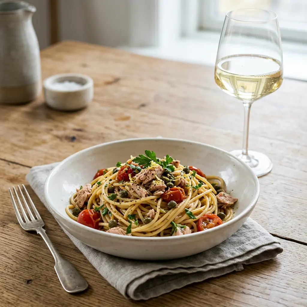 En lækker tallerken med pasta med tun og kapers pyntet med friske krydderurter på bordet