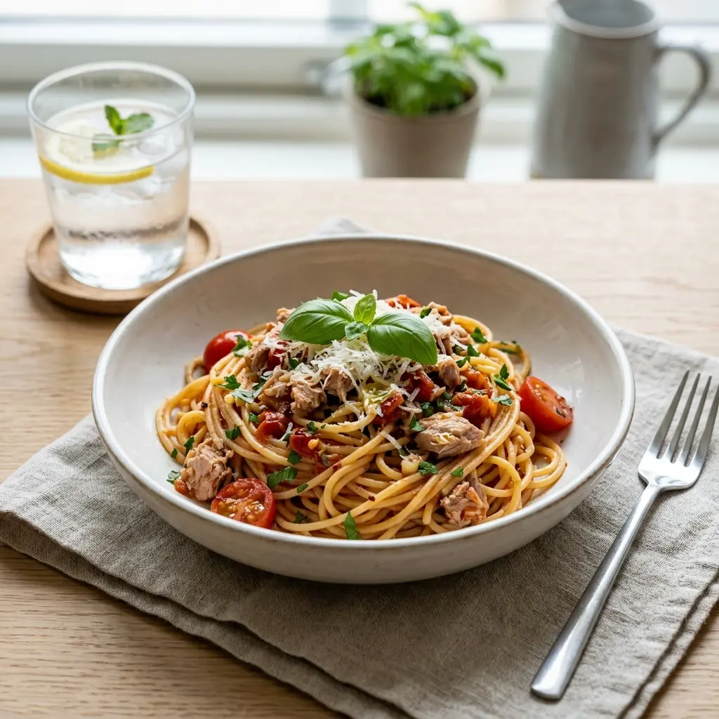 En lækker tallerken med pasta med tun og tomat toppet med friske krydderurter til aftensmad