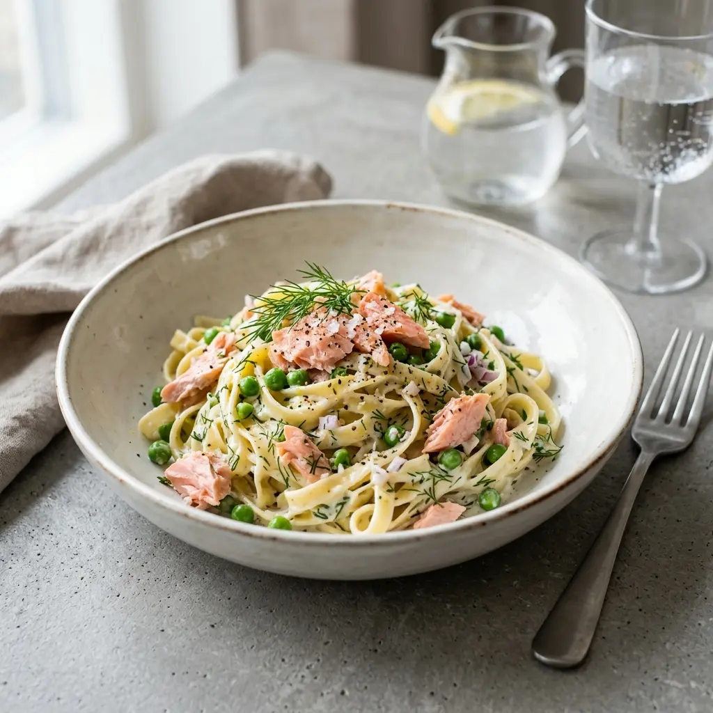 En lækker tallerken med cremet pasta med varmrøget laks pyntet med friske krydderurter og citron