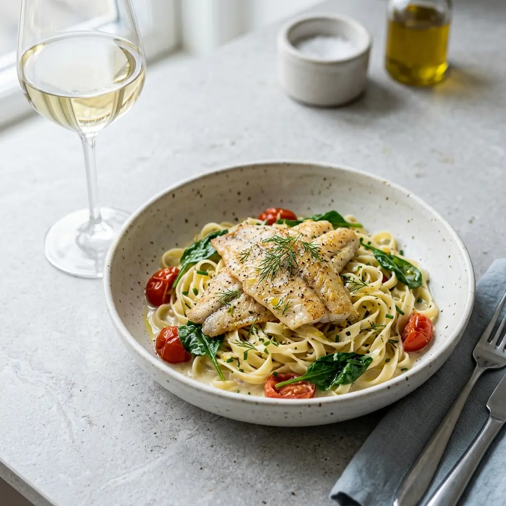 En lækker og cremet pastaret med rødspætte serveret på en dyb tallerken med friske krydderurter