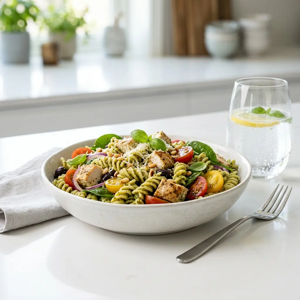 En lækker og cremet pastasalat med kylling og pesto serveret i en stor hvid skål