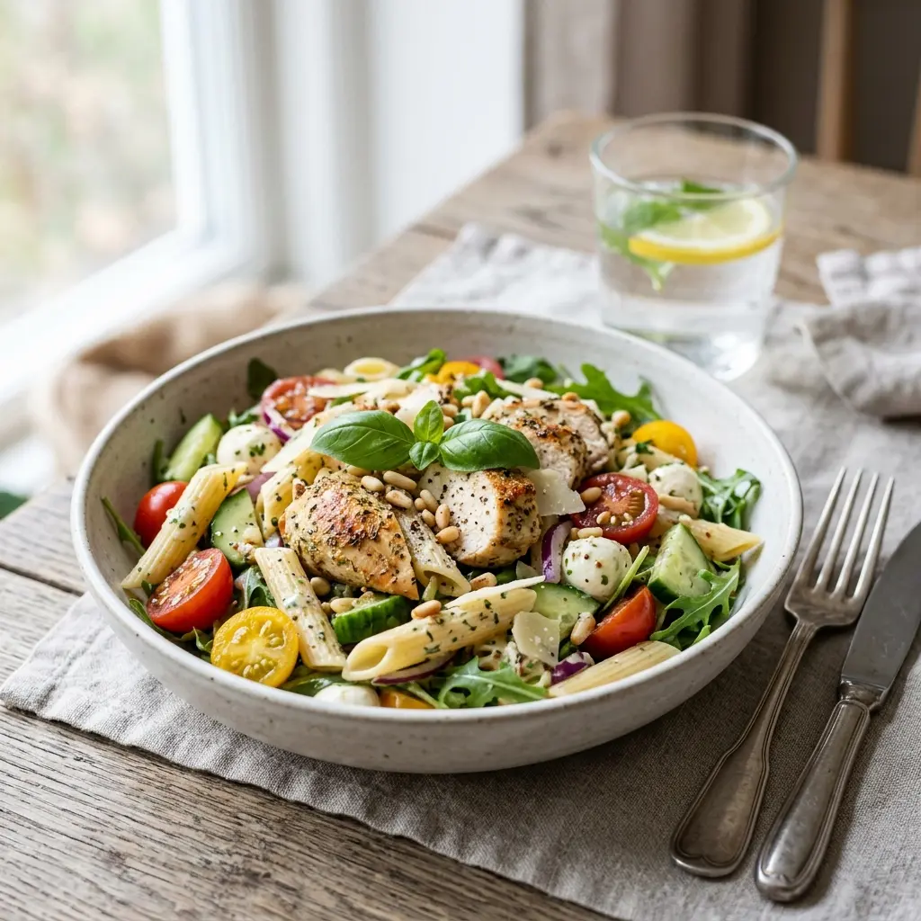 En lækker og frisk pastasalat med kylling serveret i en stor skål til frokost