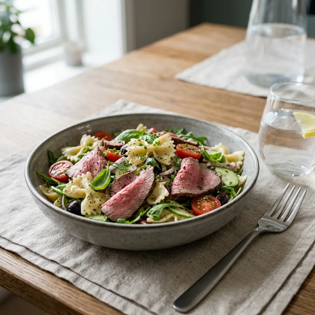 En lækker og frisk pastasalat med roastbeef toppet med friske krydderurter og grøntsager i en skål