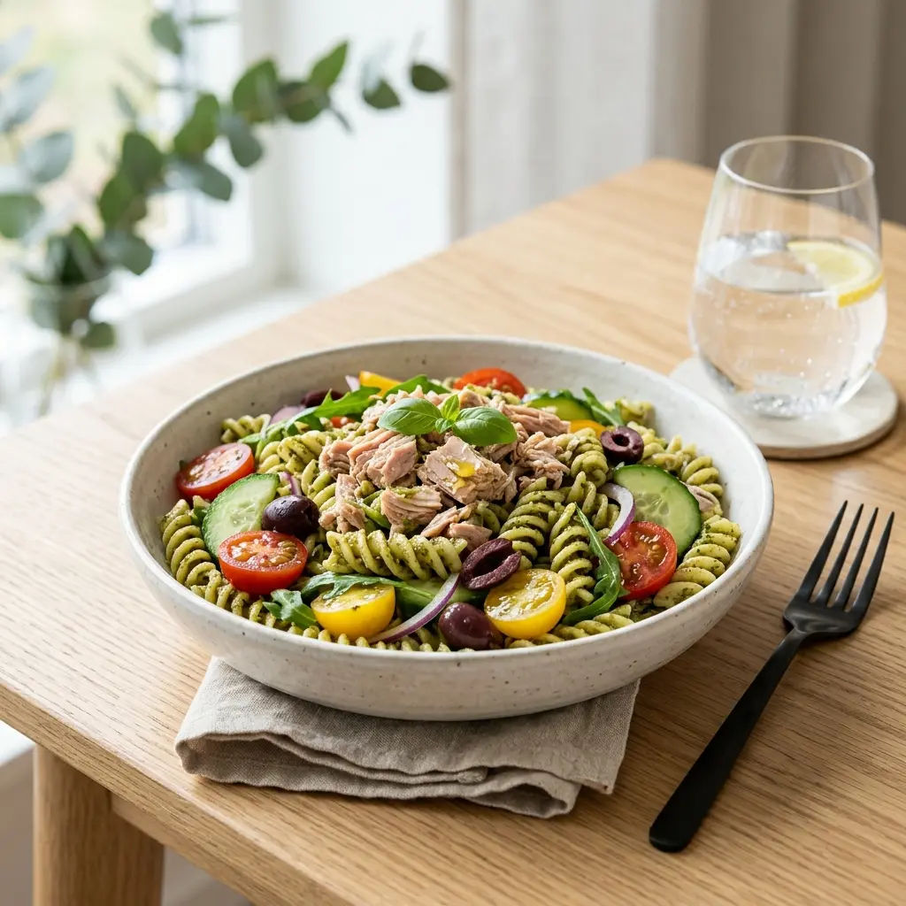 En frisk og lækker pastasalat med tun og pesto serveret i en dyb skål