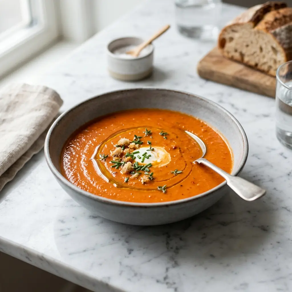 En cremet og smagfuld peberfrugtsuppe serveret i en dyb tallerken med et drys friske krydderurter