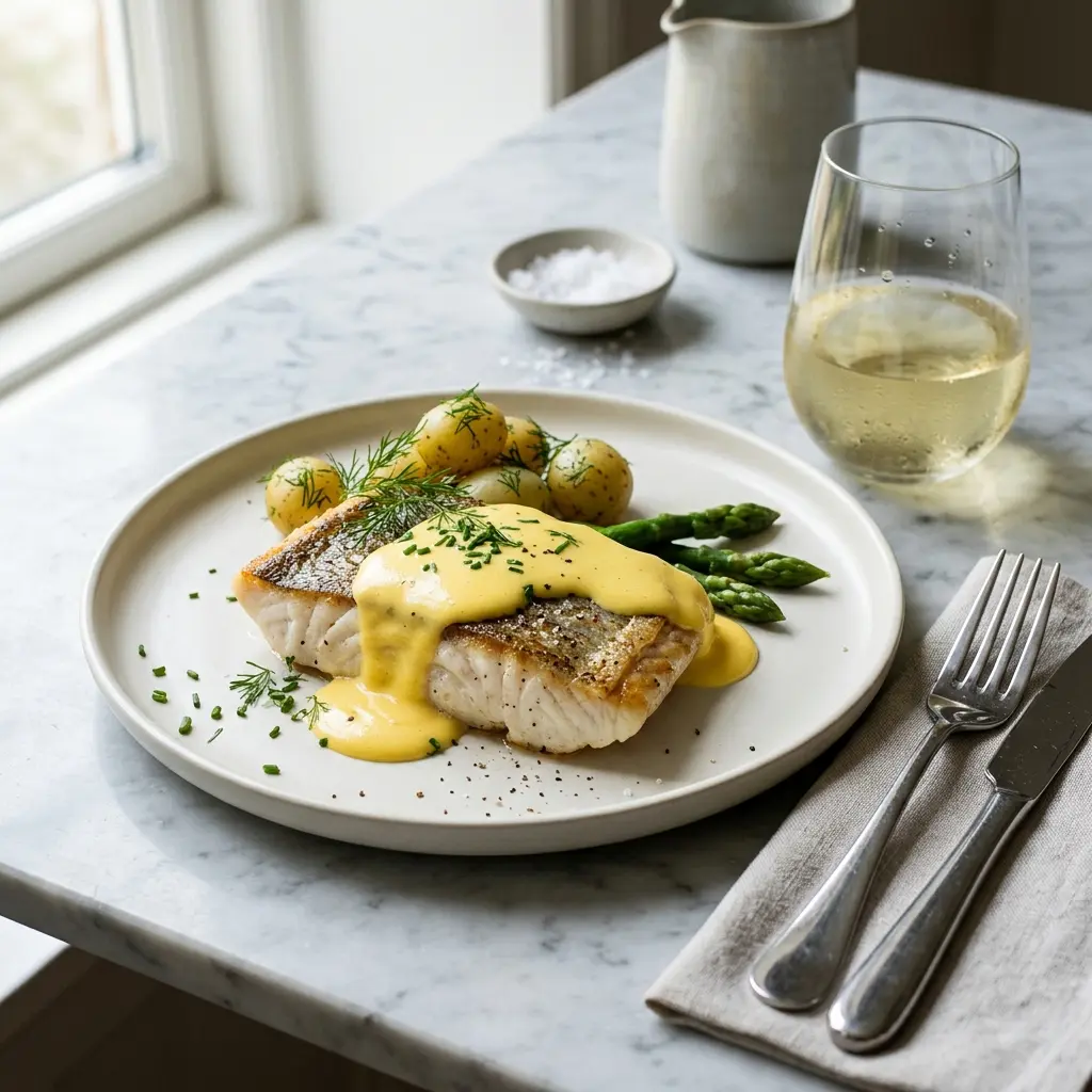 En elegant anrettet tallerken med pighvar med hollandaisesauce serveret med friske krydderurter og tilbehør