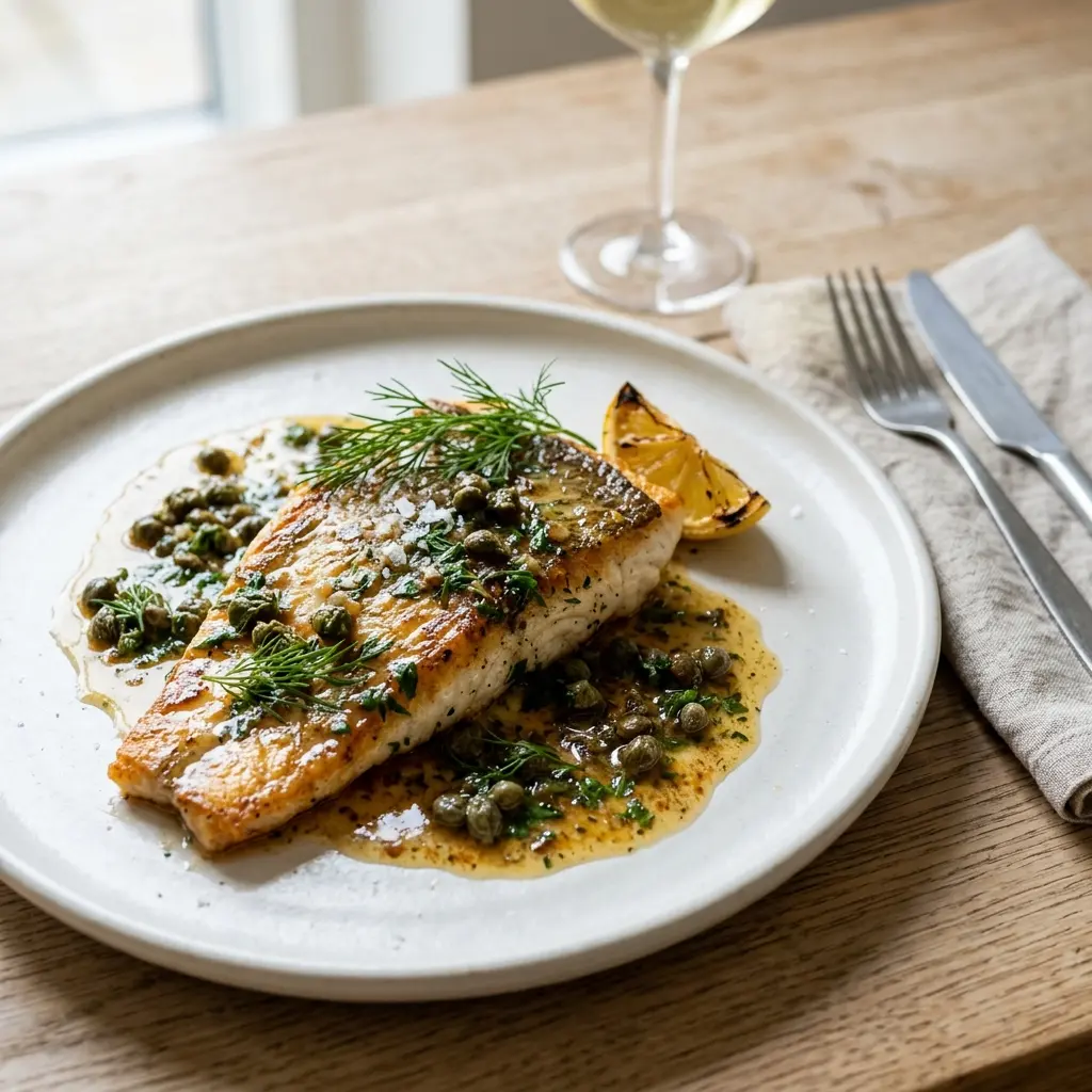 En smukt anrettet tallerken med stegt pighvar med kaperssmør serveret med friske krydderurter og citron
