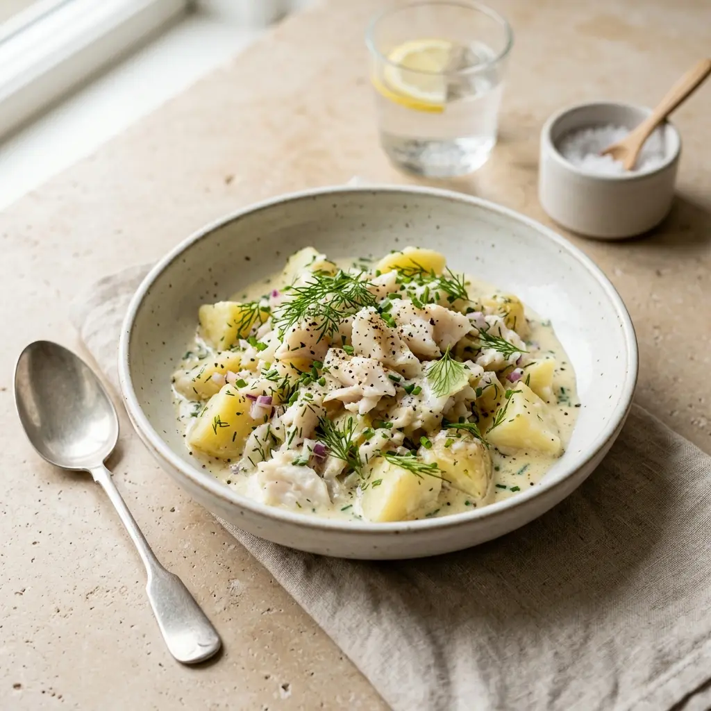 En lækker tallerken med hjemmelavet plukfisk serveret med klassisk tilbehør og friske krydderurter på toppen