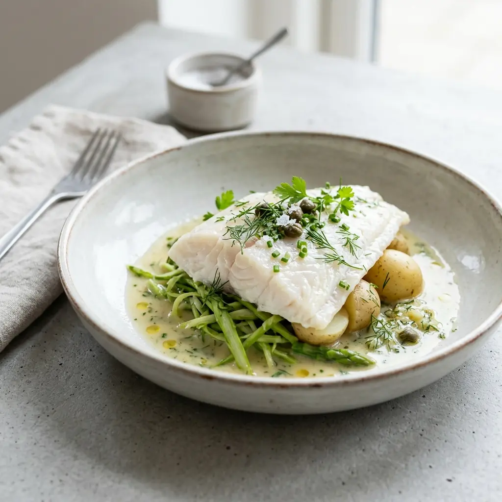 En tallerken med delikat pocheret rødspætte serveret med friske krydderurter og en let sauce