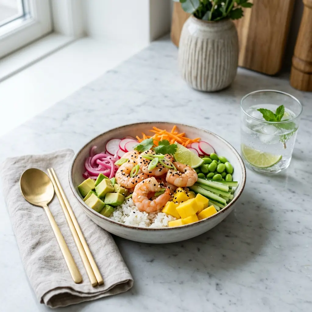 En farverig og frisk poke bowl med rejer serveret i en dyb skål med grøntsager