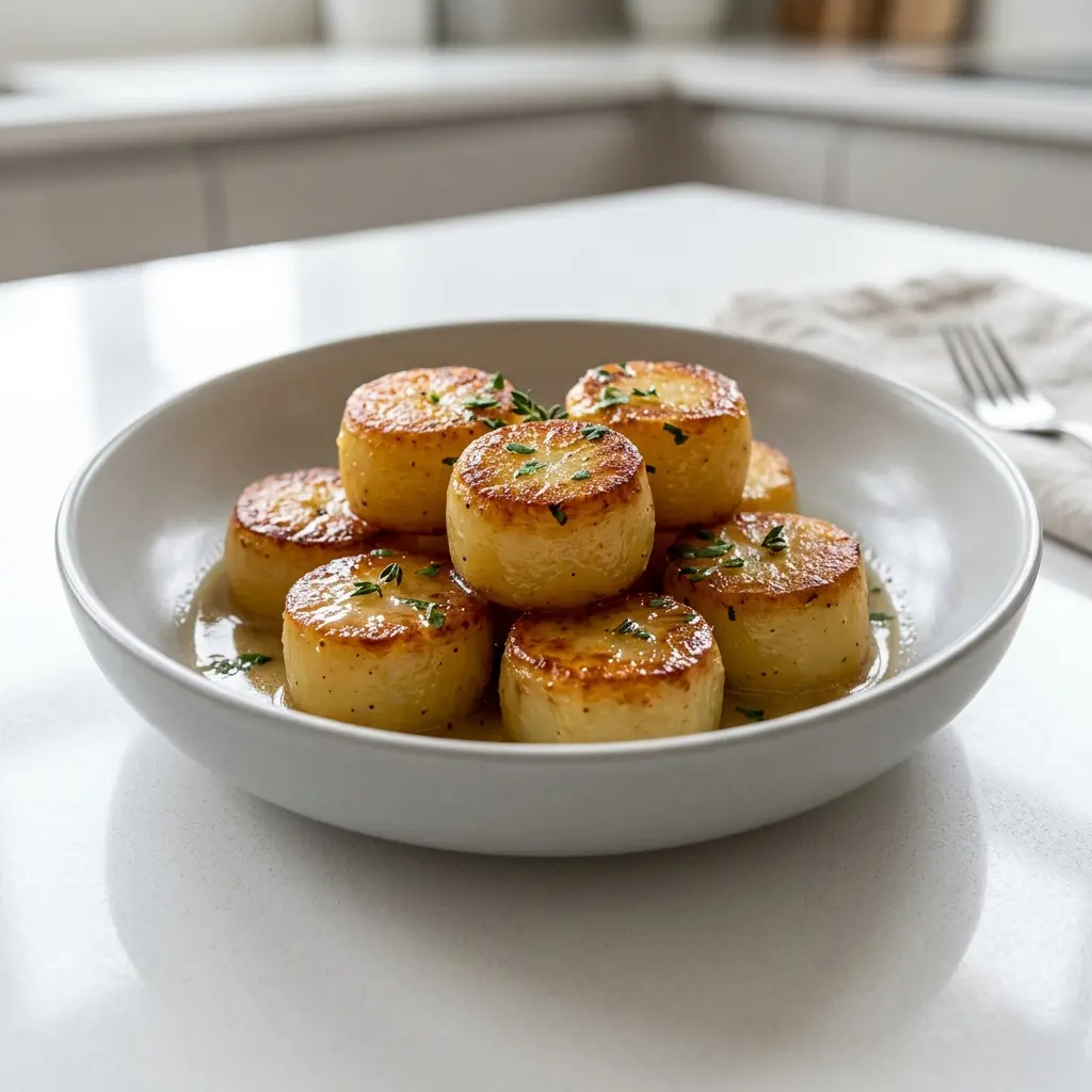 En tallerken med gyldne og smørmøre pommes fondant serveret som et elegant tilbehør til middagen