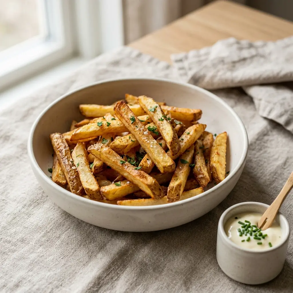 En portion gyldne og sprøde pommes frites serveret i en skål klar til at spise