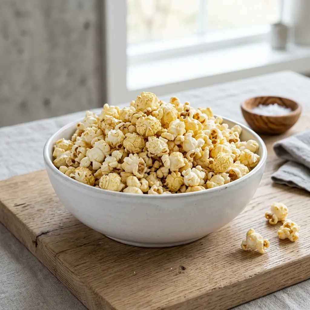 En skål med frisklavet sprødt popcorn der er klar til at blive nydt som snack