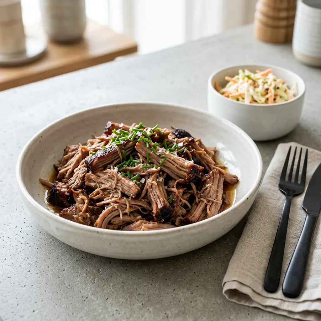 En lækker og mør pulled pork i ovn serveret på et rustikt skærebræt med tilbehør
