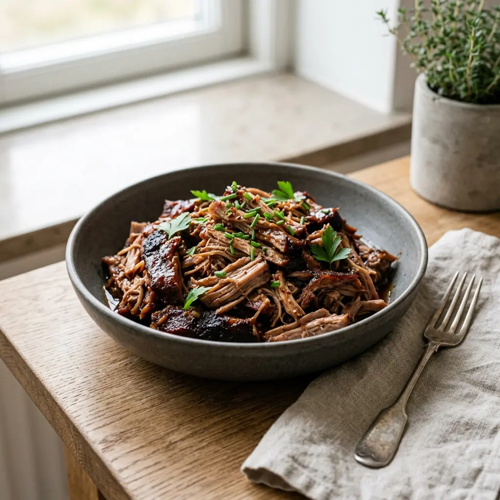 En lækker portion hjemmelavet pulled pork serveret i en blød bolle med masser af barbecue