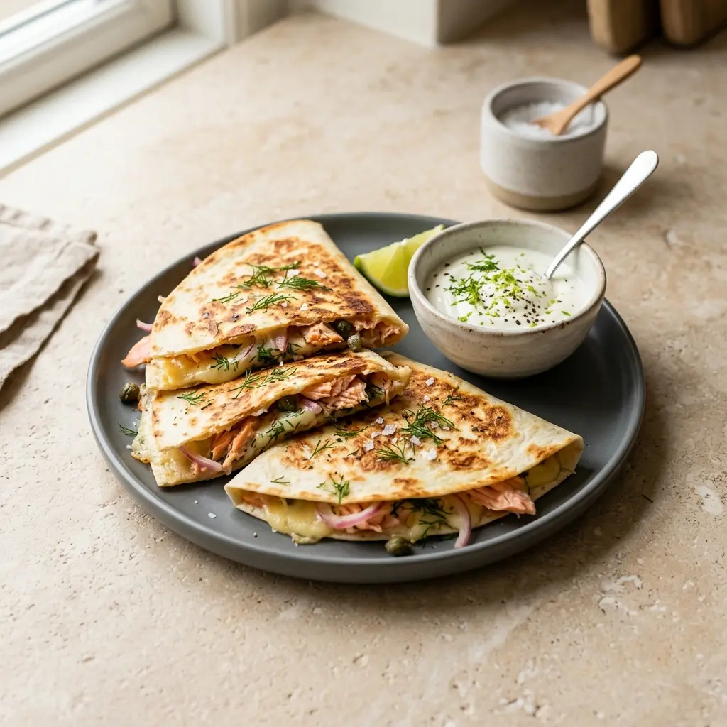Lækre hjemmelavede quesadillas med laks serveret på en tallerken klar til at blive spist
