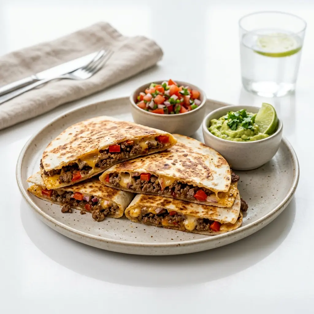 En tallerken med lune quesadillas med oksekød serveret med frisk tilbehør på et træbord