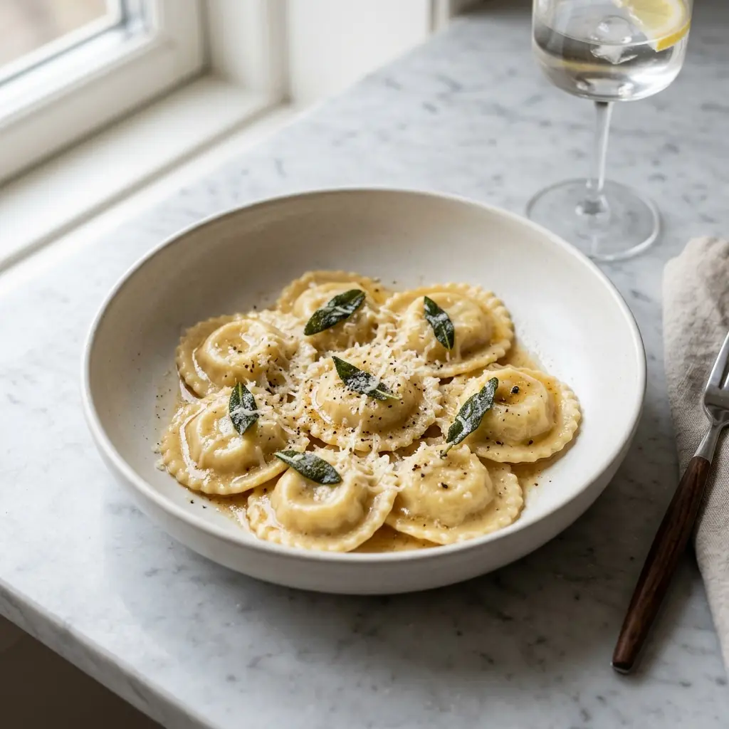 En lækker portion hjemmelavet ravioli med ost serveret på en elegant tallerken klar til servering