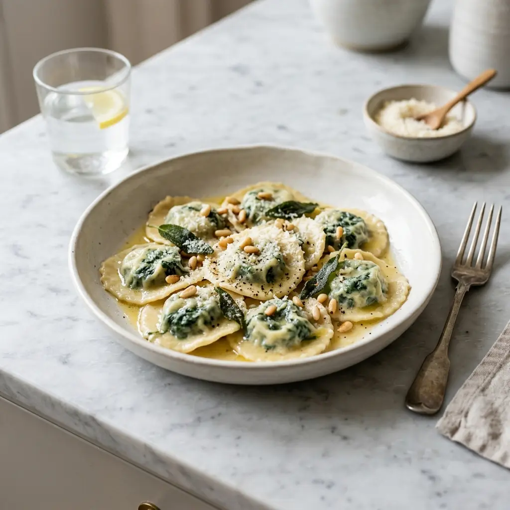 En tallerken med hjemmelavet ravioli med spinat serveret med en let smørsauce og friskrevet parmesanost